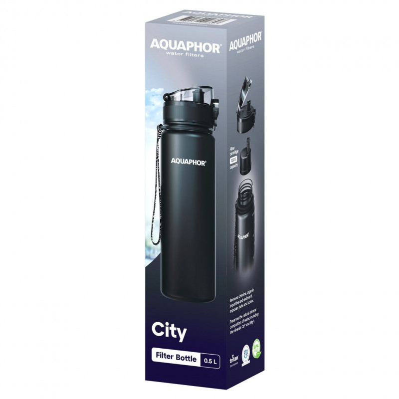 Φιάλη νερού με φίλτρο Aquaphor City 160043, 500 ml, Tritan, Ενεργός άνθρακας, Aqualen, Κάλυμμα με κλείδωμα, Μαύρο