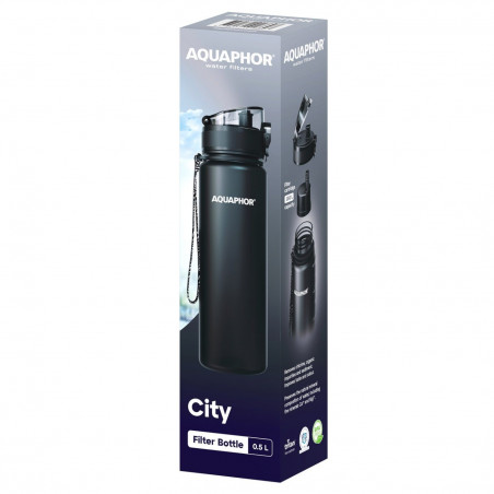 Φιάλη νερού με φίλτρο Aquaphor City 160043, 500 ml, Tritan, Ενεργός άνθρακας, Aqualen, Κάλυμμα με κλείδωμα, Μαύρο