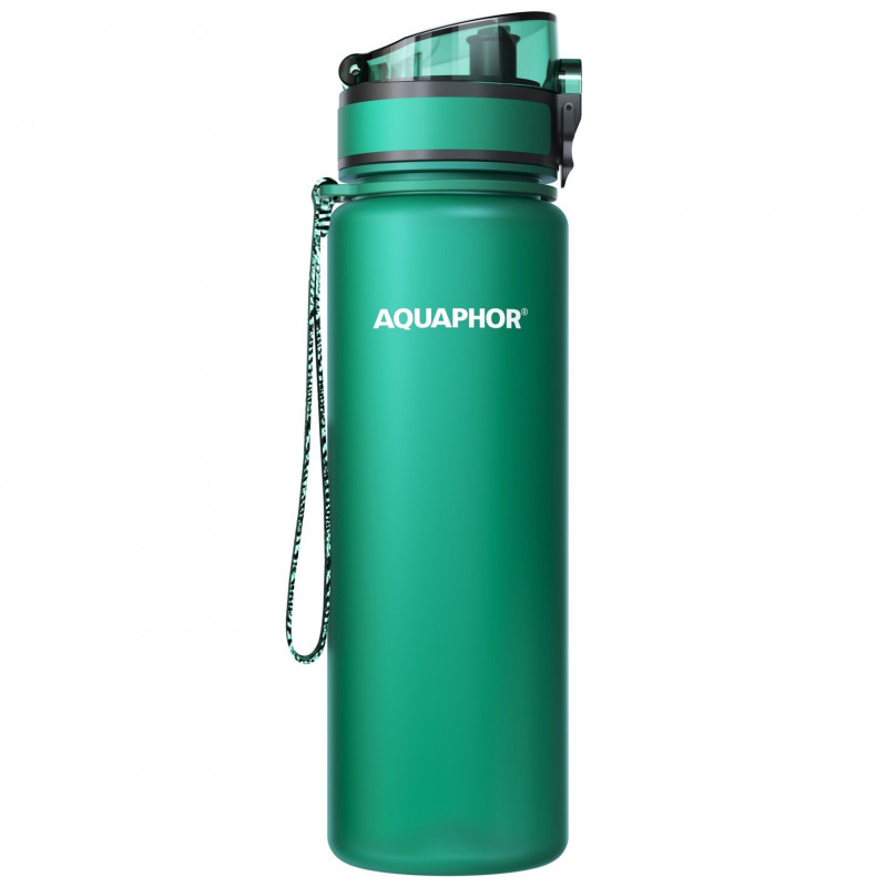 Φιάλη νερού με φίλτρο Aquaphor City 160045, 500 ml, Tritan, Ενεργός άνθρακας, Aqualen, Κάλυμμα με κλείδωμα, Σκούρο πράσινο