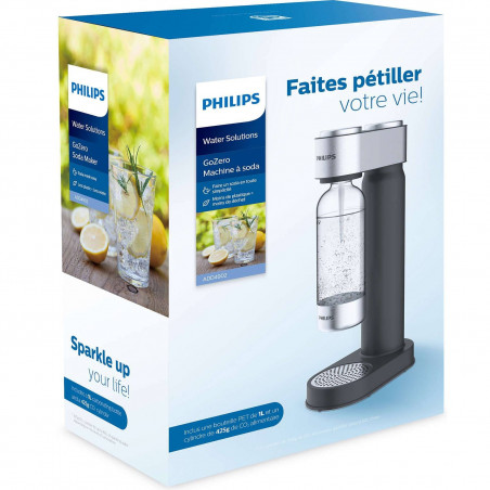 Μηχανή σόδας Philips GoZero ADD4902BK/10, 1 λίτρο, Ρύθμιση ανθρακικού, Χειροκίνητη, Βαλβίδα ασφαλείας, Σώμα από ανοξείδωτο ατσάλι, Μαύρο