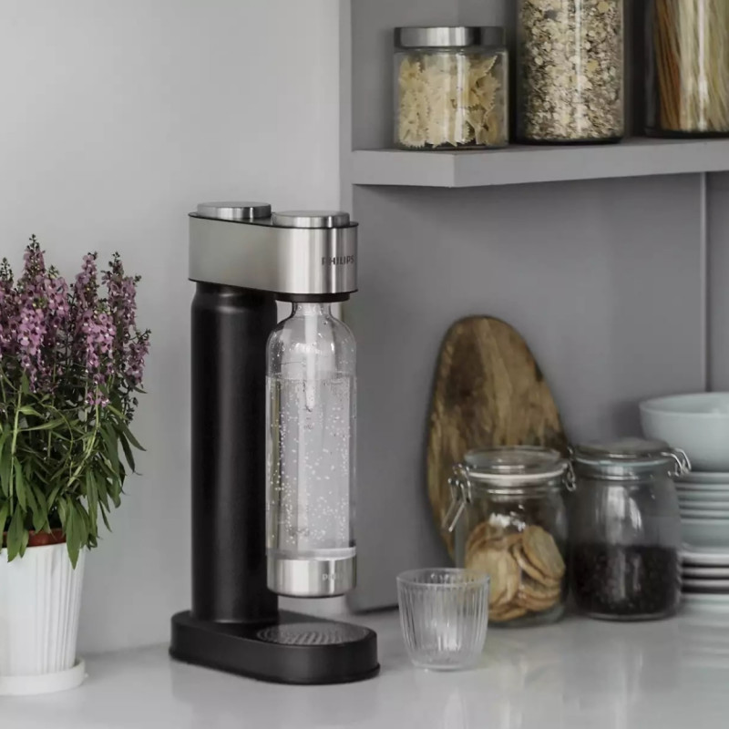 Μηχανή σόδας Philips GoZero ADD4902BK/10, 1 λίτρο, Ρύθμιση ανθρακικού, Χειροκίνητη, Βαλβίδα ασφαλείας, Σώμα από ανοξείδωτο ατσάλι, Μαύρο