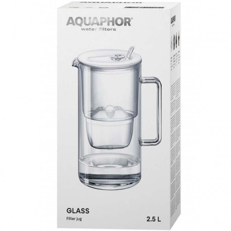 Κανάτα φιλτραρίσματος νερού Aquaphor Glass 120021, 2,5 λίτρα, Γυαλί, Μετρητής, Φίλτρο με μαγνήσιο, Λευκό
