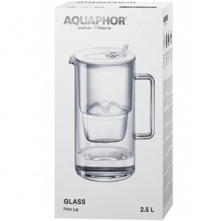 Κανάτα φιλτραρίσματος νερού Aquaphor Glass 120021, 2,5 λίτρα, Γυαλί, Μετρητής, Φίλτρο με μαγνήσιο, Λευκό