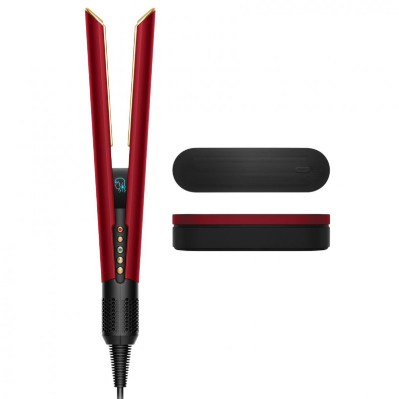 Σίδερο μαλλιών Dyson HT01 Airstrait RdVe/Gd 596931-01, 1600 W, μέγ. 140 °C, ιονισμός, 6 επίπεδα θερμοκρασίας, φιλικό προς τα μαλλιά, επένδυση χαλκού, οθόνη LCD, κόκκινο βελούδο/χρυσό