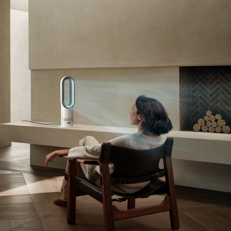 Συσκευή θέρμανσης και ψύξης 2 σε 1 Dyson AM15 Hot+Cool 586340-01, 35 τ.μ., 10 ταχύτητες, ταλάντωση 70°, οθόνη LCD, προστασία από ανατροπή, Air Multiplier™, λευκό/ασημί