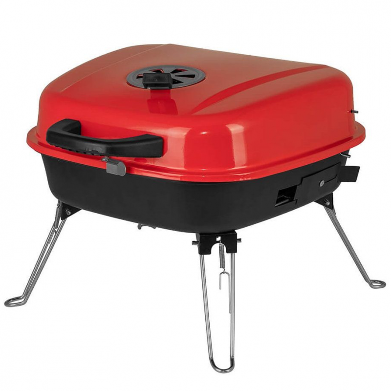 Μπάρμπεκιου με κάρβουνα Muhler 1003819, 41x41x40 εκ., Γαλβανισμένη σχάρα, Καπάκι, Κόκκινο