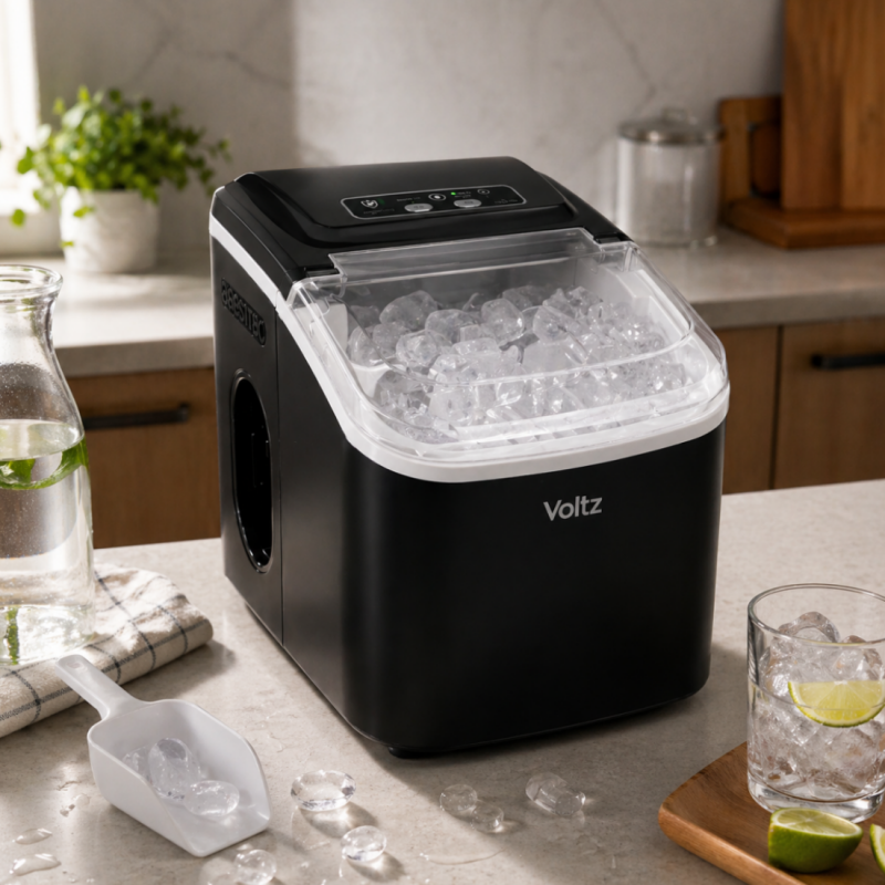 Παγομηχανή Oliver Voltz OV51447E, 120 W, 0,8 λίτρα, 12 κιλά/24 ώρες, R600a, Αυτοκαθαρισμός, Έλεγχος μέσω οθόνης αφής, Μαύρο