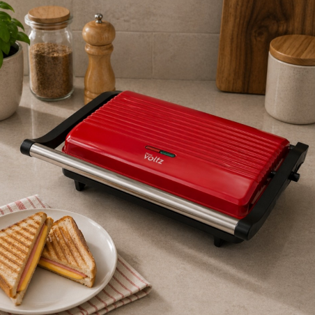 Τοστιέρα Panini Oliver Voltz OV51442R, 1000 W, Αντικολλητικές πλάκες, Άνοιγμα 180°, Δίσκος συλλογής λίπους, Κόκκινο