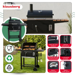 Μπάρμπεκιου με ξυλοκάρβουνα Klausberg KB 9034, Καμινάδα, Ρυθμιζόμενος αερισμός, Συρτάρι για την τέφρα, Θερμόμετρο, Ρόδες, Ατσάλι, Μαύρο