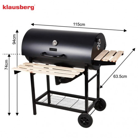 Μπάρμπεκιου με ξυλοκάρβουνα Klausberg KB 9033, Κάλυμμα με κλείδωμα, Θερμόμετρο, Πλαϊνά ράφια, Συρτάρι για στάχτη, Ρόδες, Ατσάλι, Μαύρο