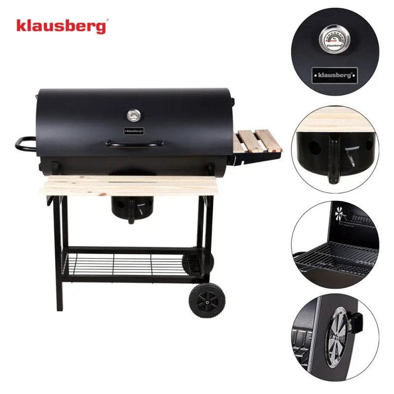 Μπάρμπεκιου με ξυλοκάρβουνα Klausberg KB 9033, Κάλυμμα με κλείδωμα, Θερμόμετρο, Πλαϊνά ράφια, Συρτάρι για στάχτη, Ρόδες, Ατσάλι, Μαύρο