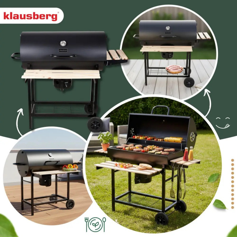 Μπάρμπεκιου με ξυλοκάρβουνα Klausberg KB 9033, Κάλυμμα με κλείδωμα, Θερμόμετρο, Πλαϊνά ράφια, Συρτάρι για στάχτη, Ρόδες, Ατσάλι, Μαύρο