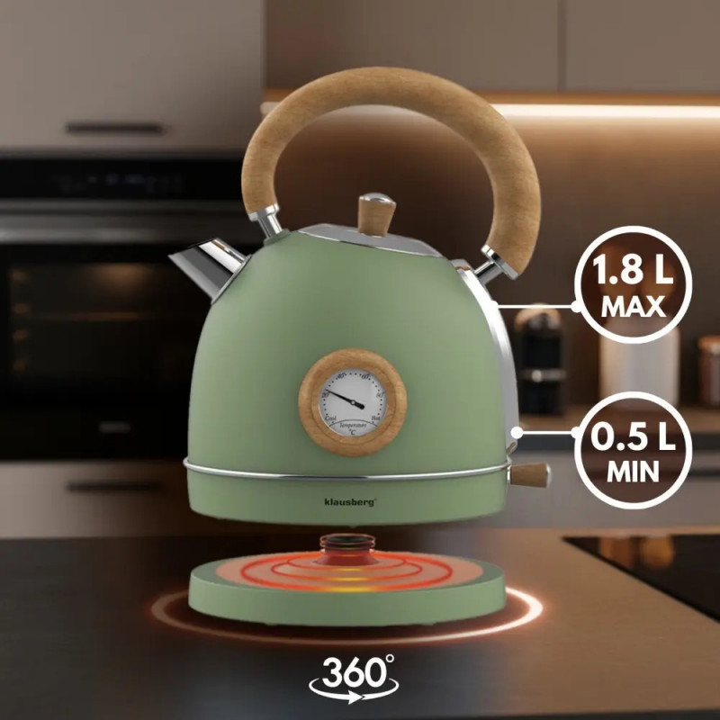 Ηλεκτρικός βραστήρας Klausberg KB 9008, 2200 W, 1,8 λίτρα, βάση 360°, ένδειξη στάθμης νερού, θερμόμετρο, Πράσινο