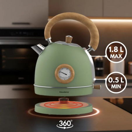 Ηλεκτρικός βραστήρας Klausberg KB 9008, 2200 W, 1,8 λίτρα, βάση 360°, ένδειξη στάθμης νερού, θερμόμετρο, Πράσινο
