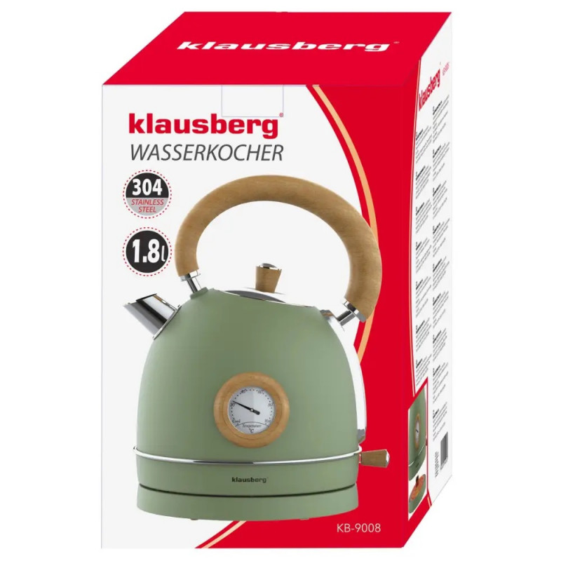 Ηλεκτρικός βραστήρας Klausberg KB 9008, 2200 W, 1,8 λίτρα, βάση 360°, ένδειξη στάθμης νερού, θερμόμετρο, Πράσινο