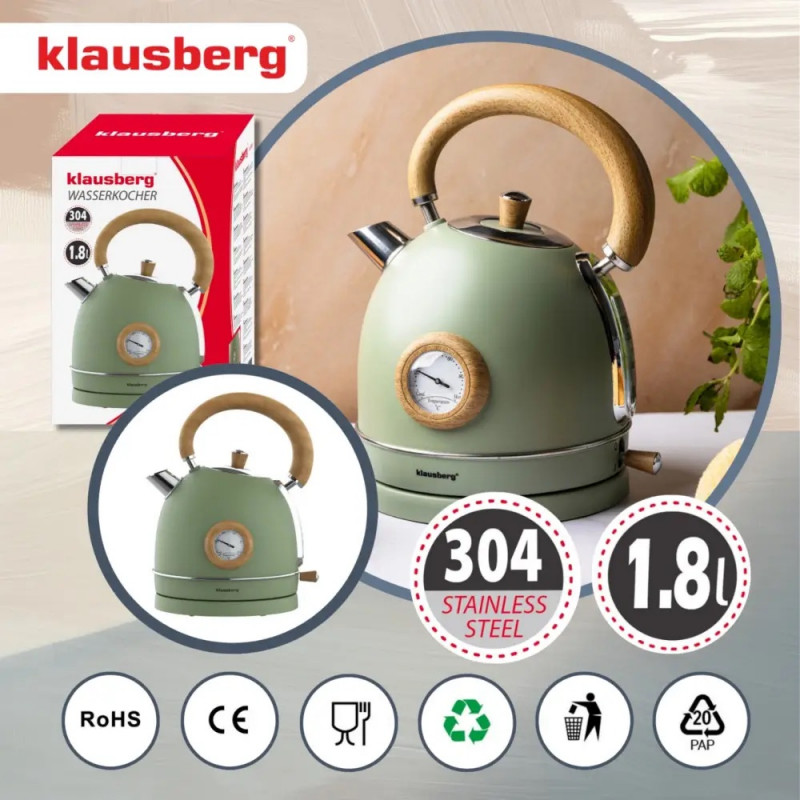 Ηλεκτρικός βραστήρας Klausberg KB 9008, 2200 W, 1,8 λίτρα, βάση 360°, ένδειξη στάθμης νερού, θερμόμετρο, Πράσινο