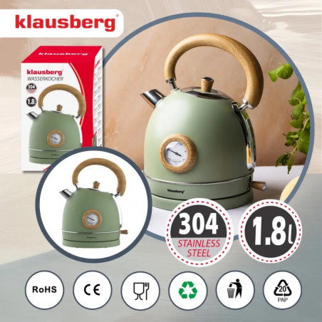 Ηλεκτρικός βραστήρας Klausberg KB 9008, 2200 W, 1,8 λίτρα, βάση 360°, ένδειξη στάθμης νερού, θερμόμετρο, Πράσινο