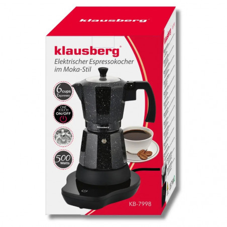 Ηλεκτρική κουβανέζικη καφετιέρα Klausberg KB 7998, 500 W, 6 φλιτζάνια, Ενσωματωμένη θερμαντική αντίσταση, Βαλβίδα ασφαλείας, Μαύρο