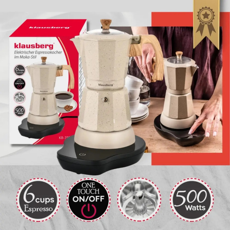 Ηλεκτρική κουβανέζικη καφετιέρα Klausberg KB 7999, 500 W, 6 φλιτζάνια, ενσωματωμένη θερμαντική αντίσταση, βαλβίδα ασφαλείας, Μπεζ