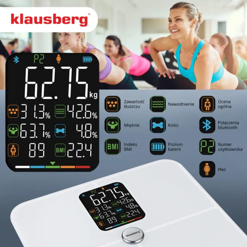 Ζυγός-αναλυτής Klausberg KB 7941, έως 180 kg, BIA, Bluetooth, LCD, γυαλί ασφαλείας, Smart, λευκό