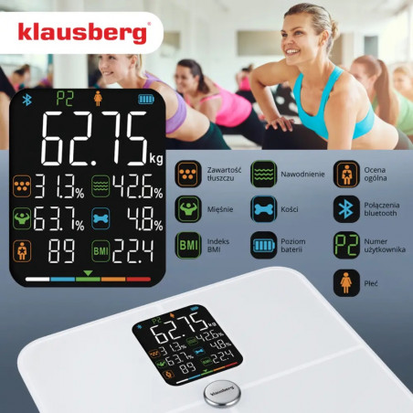 Ζυγός-αναλυτής Klausberg KB 7941, έως 180 kg, BIA, Bluetooth, LCD, γυαλί ασφαλείας, Smart, λευκό