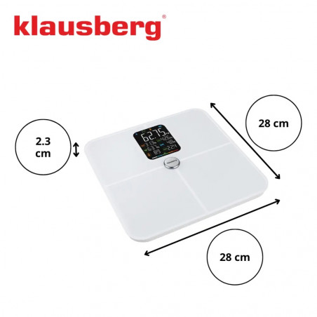 Ζυγός-αναλυτής Klausberg KB 7941, έως 180 kg, BIA, Bluetooth, LCD, γυαλί ασφαλείας, Smart, λευκό