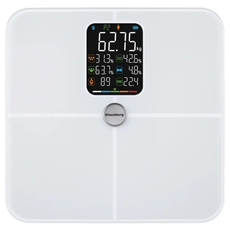 Ζυγός-αναλυτής Klausberg KB 7941, έως 180 kg, BIA, Bluetooth, LCD, γυαλί ασφαλείας, Smart, λευκό
