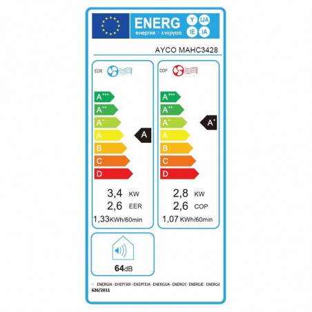 Φορητό κλιματιστικό Ayco MAHC3428, 12000 BTU, Κατηγορία Α, Έως 24 τ.μ., 450 κ.μ., 64 dB, Έλεγχος μέσω οθόνης αφής, Λευκό