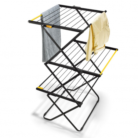 Στεγνωτήριο ρούχων Joseph Joseph AirFrame™ 5000024, 16 μ., 3 επίπεδα, πτυσσόμενο, μηχανισμός ασφάλισης, επιμήκεις ράγες για μακριά ρούχα, Μαύρο/κίτρινο