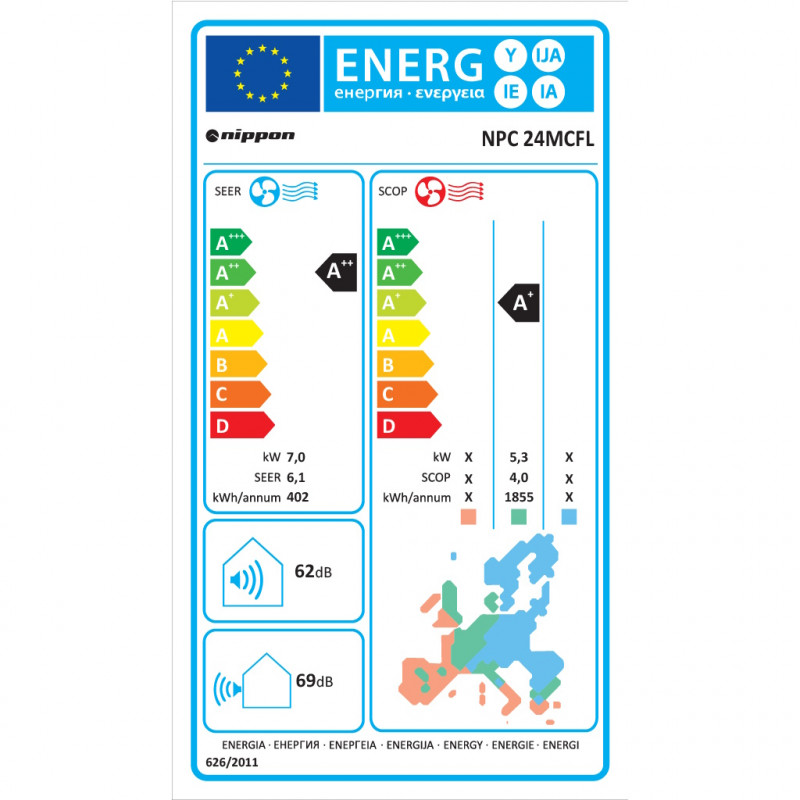 Κλιματιστικό τύπου κολώνα Nippon NPC-24MCFL, 24.000 BTU, 45 μ², Α++/Α+, R-32, Λευκό