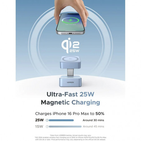 Ασύρματο φορτιστή 2 σε 1 UGREEN W752, μέγιστη ισχύς 35 W, MagFlow 25 W Qi2, USB-C, Γκρι