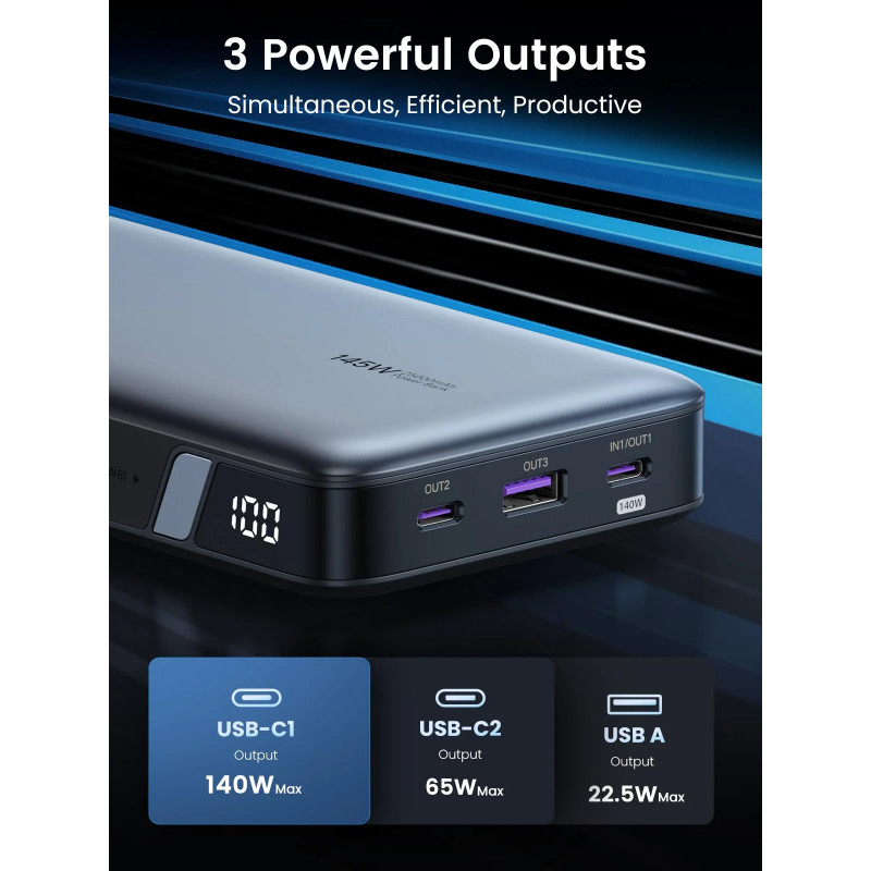 Φορητή μπαταρία UGREEN PB205, 25000mAh, PD 3.1 145W, ψηφιακή οθόνη LED, κατάλληλη για αεροπορικά ταξίδια, USB-C, Γκρι