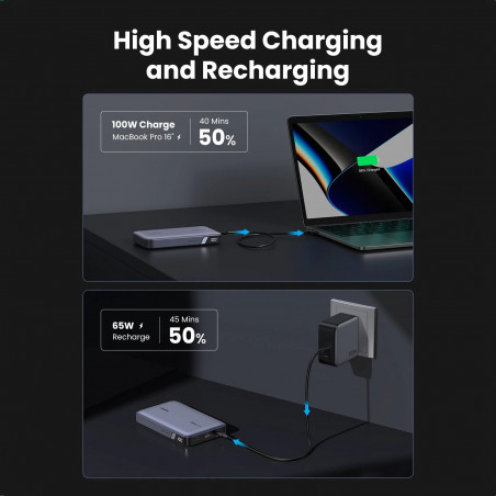 Φορητή μπαταρία UGREEN PB720, 20000mAh, PD 3.0 100W, ψηφιακή οθόνη LED, κατάλληλη για αεροπορικά ταξίδια, USB-C, Γκρι