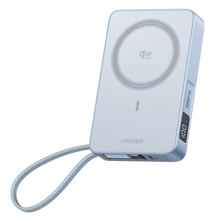Φορητή μπαταρία UGREEN PB773, 10000mAh, PD 30W, Qi2 25W, Magflow, ψηφιακή οθόνη LED, ενσωματωμένο καλώδιο, USB-C, μπλε