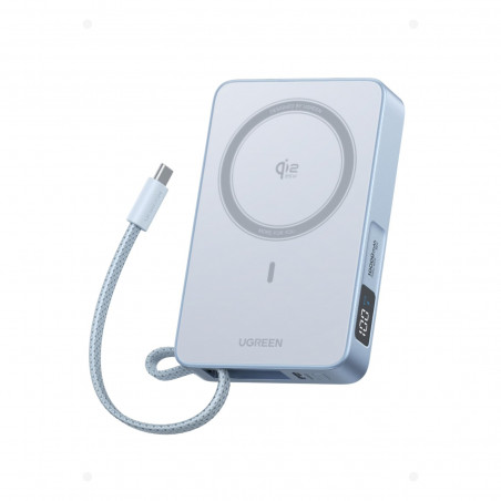 Φορητή μπαταρία UGREEN PB773, 10000mAh, PD 30W, Qi2 25W, Magflow, ψηφιακή οθόνη LED, ενσωματωμένο καλώδιο, USB-C, μπλε