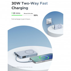 Φορητή μπαταρία UGREEN PB773, 10000mAh, PD 30W, Qi2 25W, Magflow, ψηφιακή οθόνη LED, ενσωματωμένο καλώδιο, USB-C, μπλε