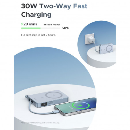 Φορητή μπαταρία UGREEN PB773, 10000mAh, PD 30W, Qi2 25W, Magflow, ψηφιακή οθόνη LED, ενσωματωμένο καλώδιο, USB-C, μπλε
