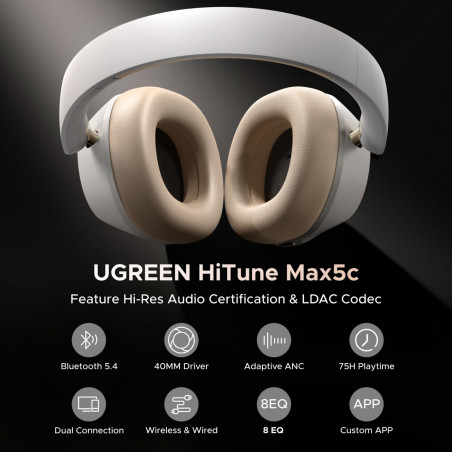 Ασύρματα ακουστικά UGREEN HiTune ANC Max5c HP203, Έως 75 ώρες, Spatial Audio, Hi-Res, Υβριδική ακουστική απομόνωση ANC, Αναδιπλούμενα, Λευκό