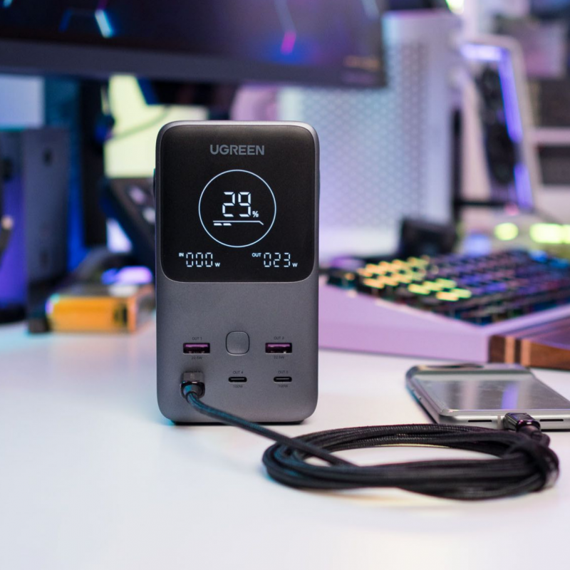 Φορητή μπαταρία UGREEN PB770, 48.000 mAh, 300 W, LiFePO4, USB-C/A, φως LED με λειτουργίες, λαβή, Γκρι