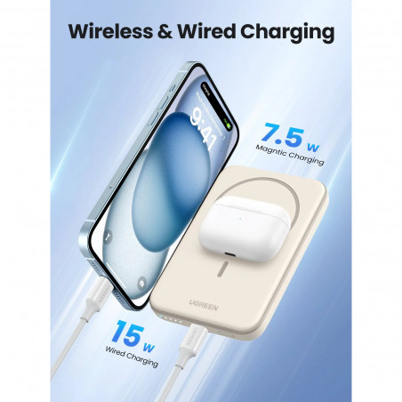 Φορητή μπαταρία UGREEN PB560, 5000mAh, PD 3.0 20W, Qi 7,5W, μαγνητική ασύρματη φόρτιση, φωτάκια LED, USB-C, λευκό