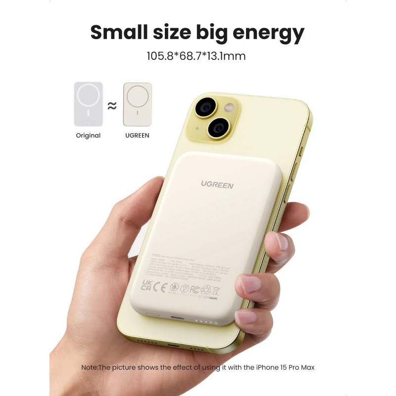 Φορητή μπαταρία UGREEN PB560, 5000mAh, PD 3.0 20W, Qi 7,5W, μαγνητική ασύρματη φόρτιση, φωτάκια LED, USB-C, λευκό