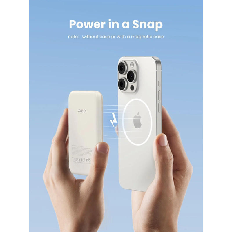 Φορητή μπαταρία UGREEN PB560, 5000mAh, PD 3.0 20W, Qi 7,5W, μαγνητική ασύρματη φόρτιση, φωτάκια LED, USB-C, λευκό