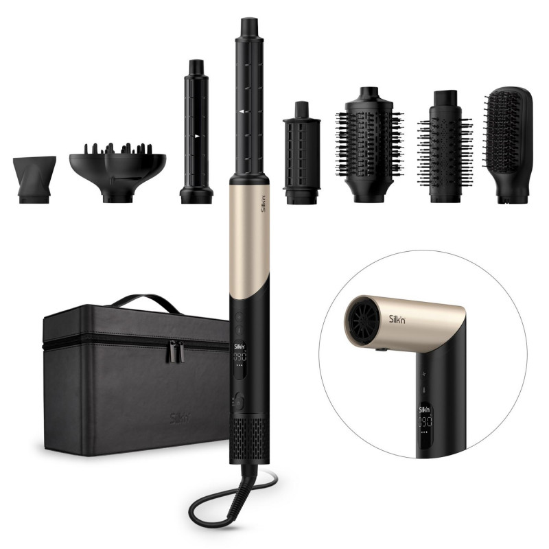 Συσκευή styling και στεγνώματος 8 σε 1 Silk'n SilkyAir Flex SIF8PE1001, 1300 W, Αυτόματη δημιουργία μπούκλων και ρύθμιση θερμοκρασίας, 39-90 °C, 3 ταχύτητες, Αυτοκαθαρισμός, Ιονισμός, Μαύρο/χρυσό