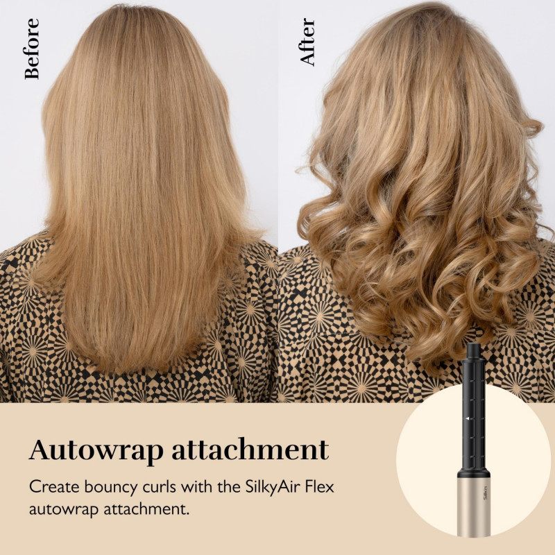 Συσκευή styling και στεγνώματος 8 σε 1 Silk'n SilkyAir Flex SIF8PE1001, 1300 W, Αυτόματη δημιουργία μπούκλων και ρύθμιση θερμοκρασίας, 39-90 °C, 3 ταχύτητες, Αυτοκαθαρισμός, Ιονισμός, Μαύρο/χρυσό