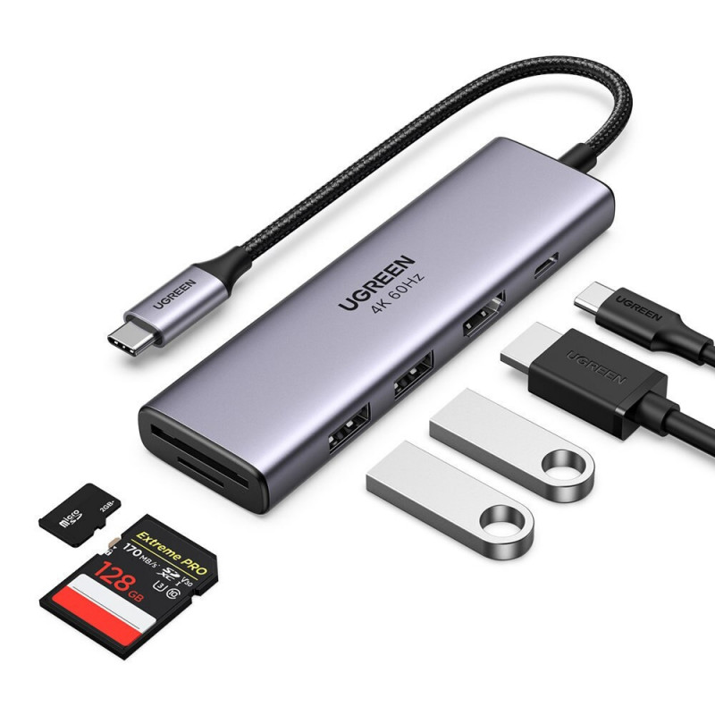 Σταθμός σύνδεσης 6 σε 1 UGREEN CM511, PD 100W, USB-C σε 3x USB-A/1xHDMI/1xSD/1xMicroSD, Έως 4K@60fps, Γκρι