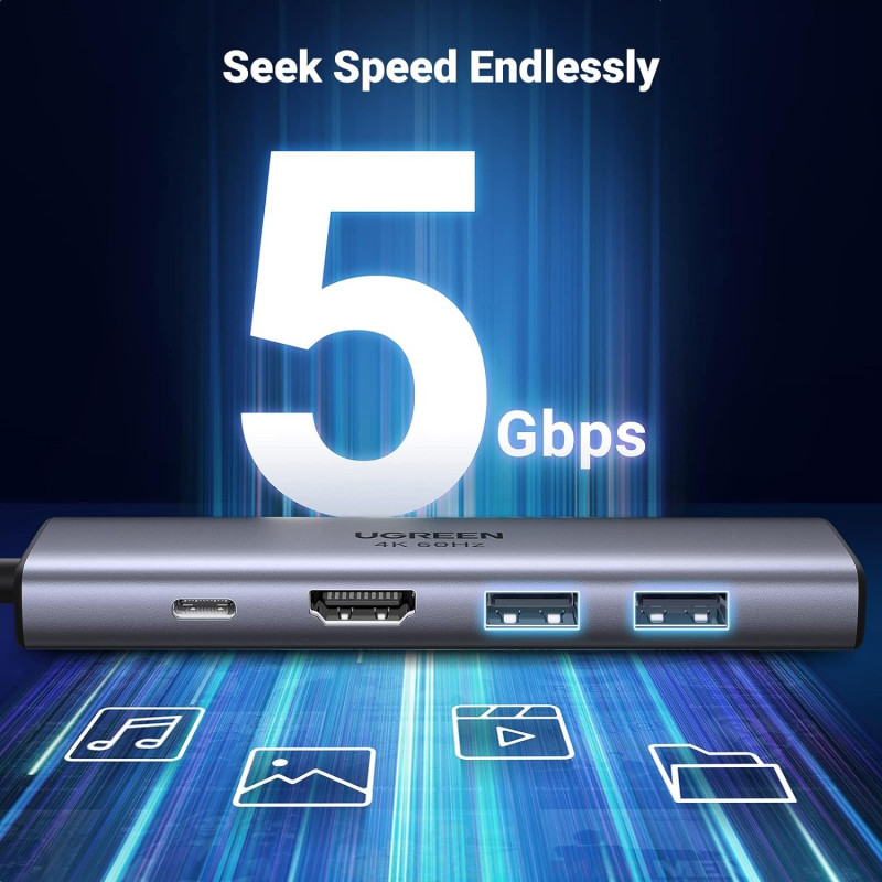 Σταθμός σύνδεσης 6 σε 1 UGREEN CM511, PD 100W, USB-C σε 3x USB-A/1xHDMI/1xSD/1xMicroSD, Έως 4K@60fps, Γκρι