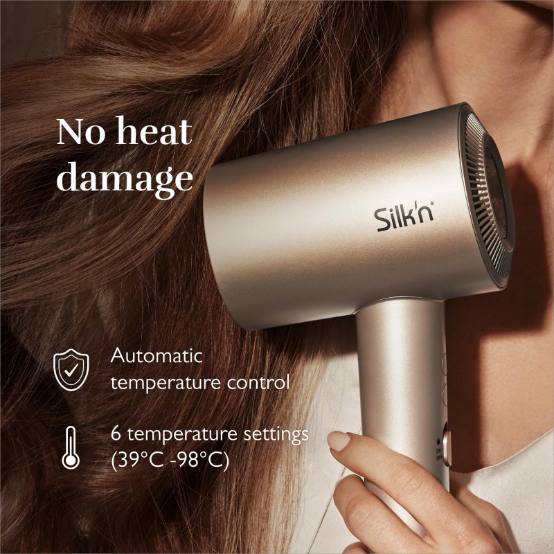 Στεγνωτήρας μαλλιών Silk'n SilkyAir Pro HDB3PE1001, 1600 W, 76 km/h, 18 λειτουργίες, Αυτόματος έλεγχος θερμοκρασίας, 39-98 °C, Ιονισμός, 3 εξαρτήματα, LED, Ροζ χρυσό