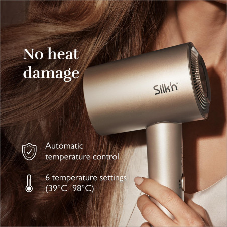 Στεγνωτήρας μαλλιών Silk'n SilkyAir Pro HDB3PE1001, 1600 W, 76 km/h, 18 λειτουργίες, Αυτόματος έλεγχος θερμοκρασίας, 39-98 °C, Ιονισμός, 3 εξαρτήματα, LED, Ροζ χρυσό