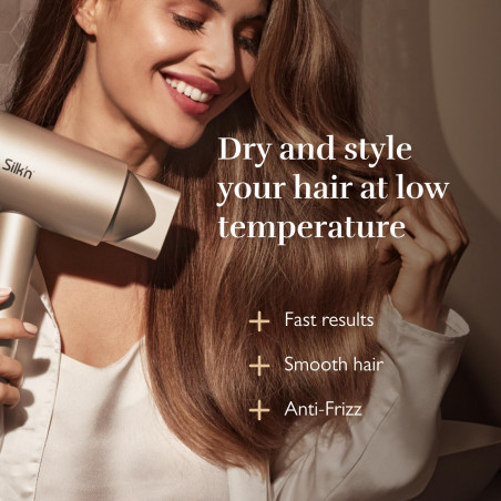 Στεγνωτήρας μαλλιών Silk'n SilkyAir Pro HDB3PE1001, 1600 W, 76 km/h, 18 λειτουργίες, Αυτόματος έλεγχος θερμοκρασίας, 39-98 °C, Ιονισμός, 3 εξαρτήματα, LED, Ροζ χρυσό