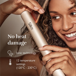 Σίδερο μαλλιών Silk'n SilkyStraight SIS1PE1001, 45 W, 12 ρυθμίσεις θερμοκρασίας, οθόνη LED, πλάκες τιτανίου, τεχνολογία υπέρυθρων, ιονισμός, 120-230 °C, μνήμη, ροζ χρυσό